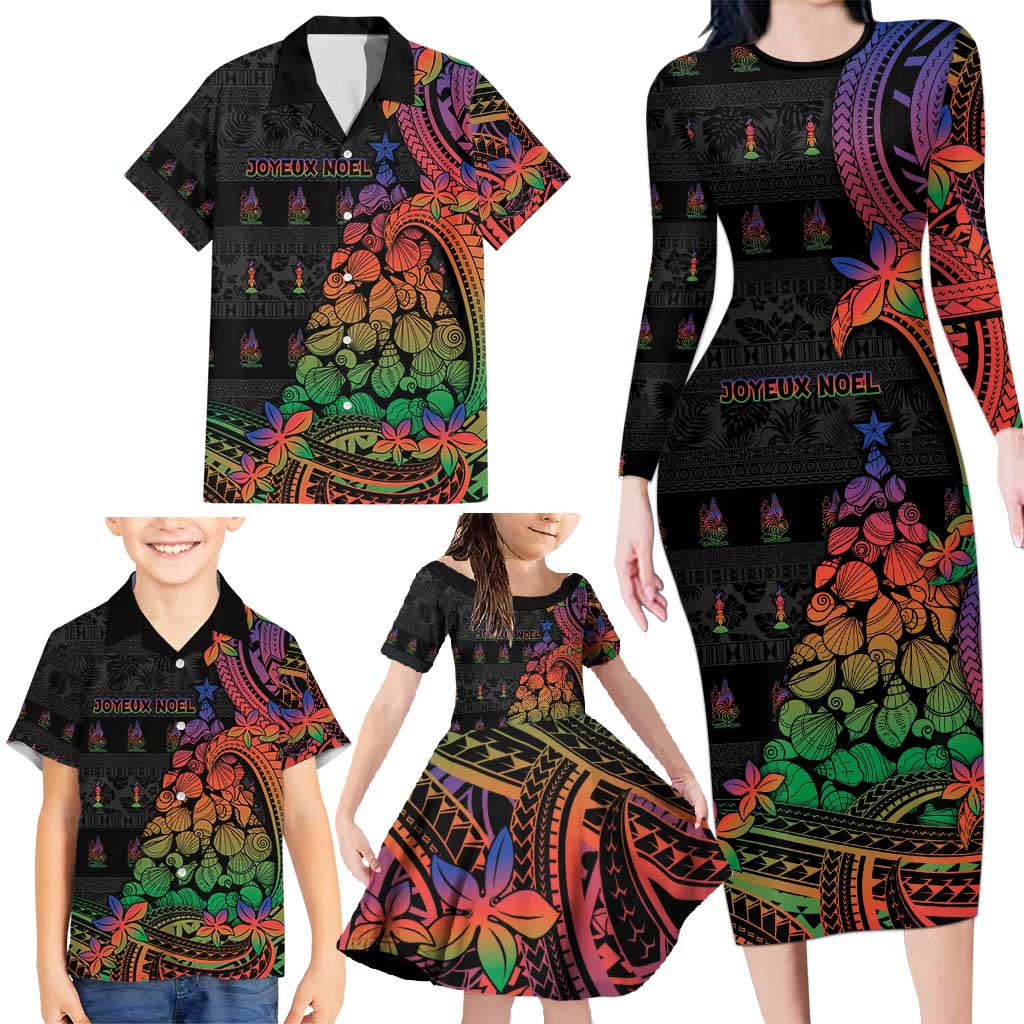 New Caledonia Christmas Family Matching Long Sleeve Bodycon Dress and Hawaiian Shirt Seashell Xmas Tree Tribal Waves - Polynesian Pride