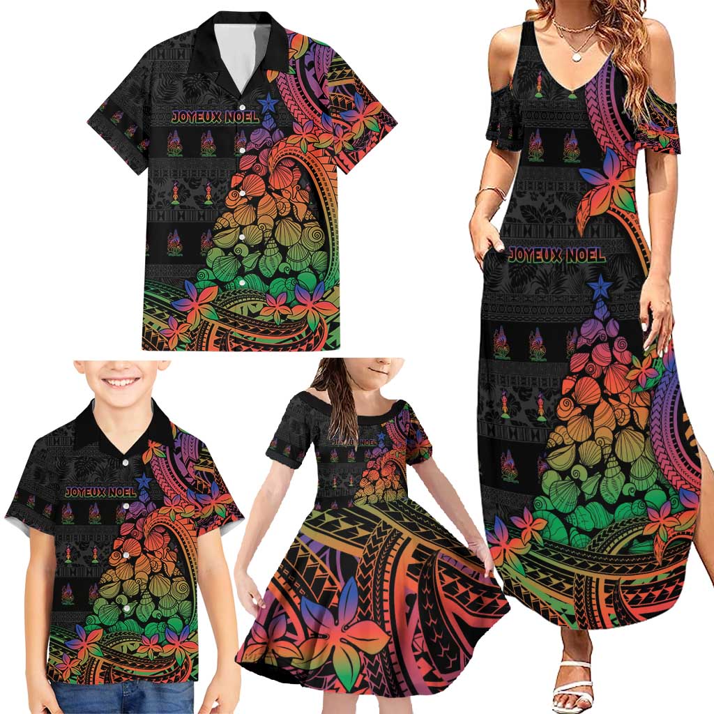 New Caledonia Christmas Family Matching Summer Maxi Dress and Hawaiian Shirt Seashell Xmas Tree Tribal Waves - Polynesian Pride