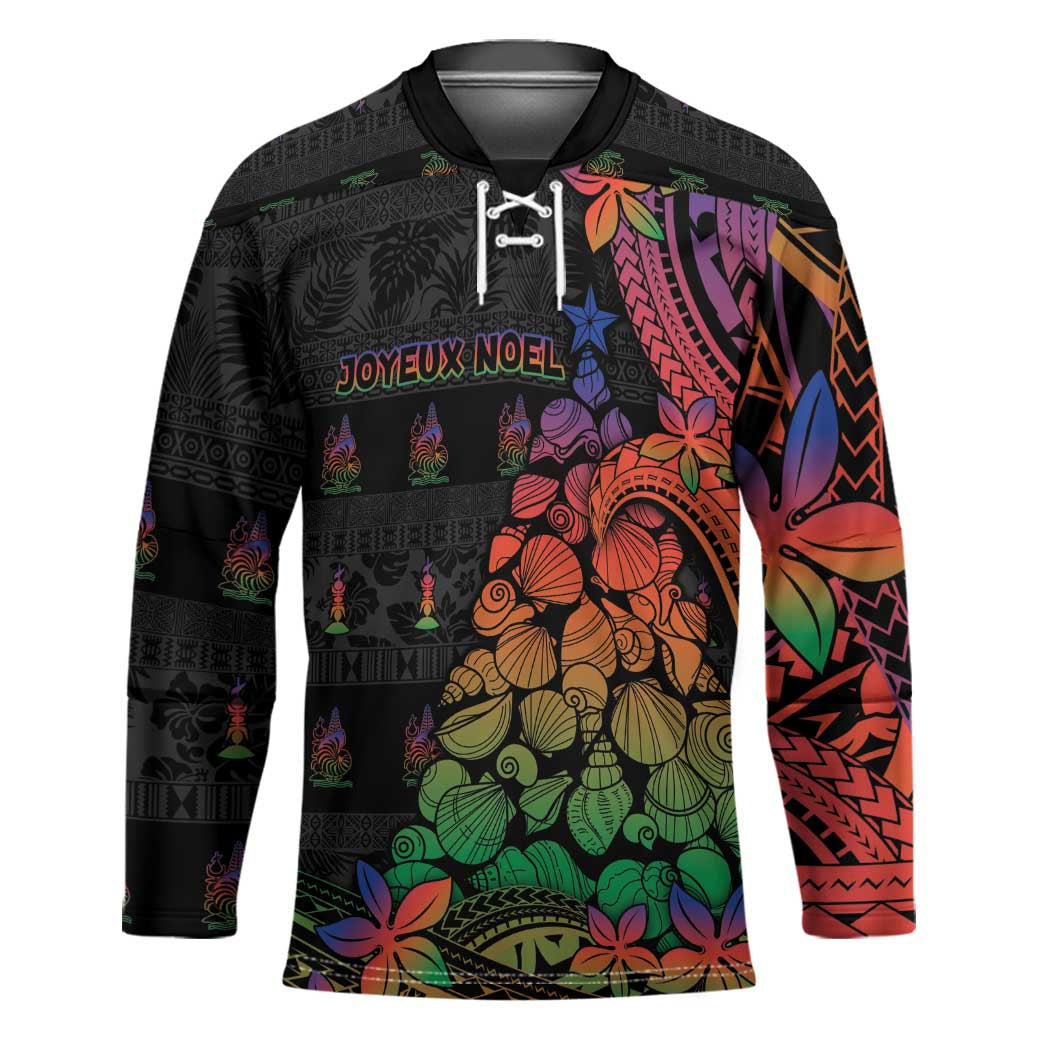 New Caledonia Christmas Hockey Jersey Seashell Xmas Tree Tribal Waves - Polynesian Pride