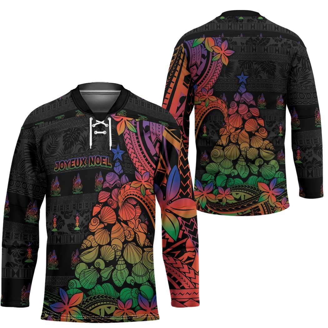 New Caledonia Christmas Hockey Jersey Seashell Xmas Tree Tribal Waves - Polynesian Pride