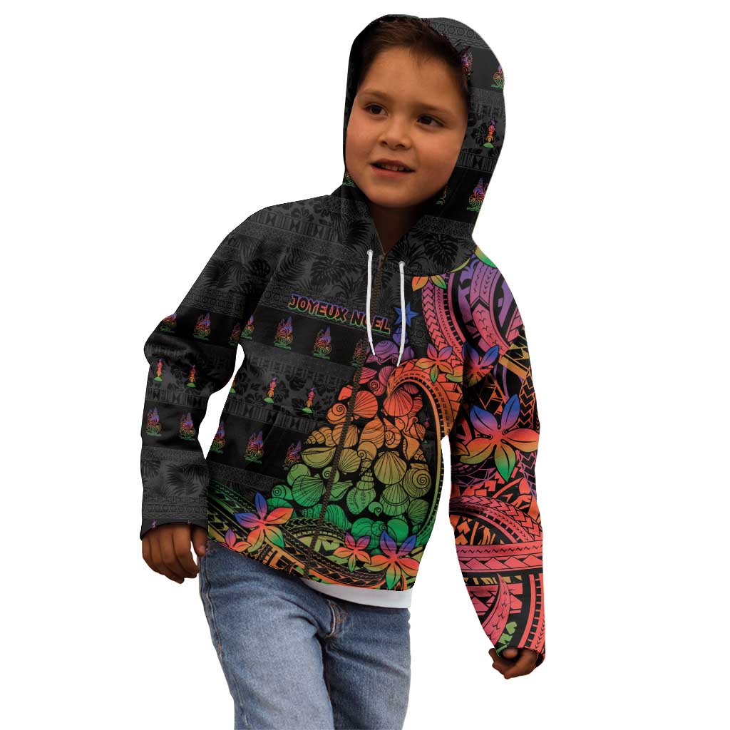 New Caledonia Christmas Kid Hoodie Seashell Xmas Tree Tribal Waves - Polynesian Pride