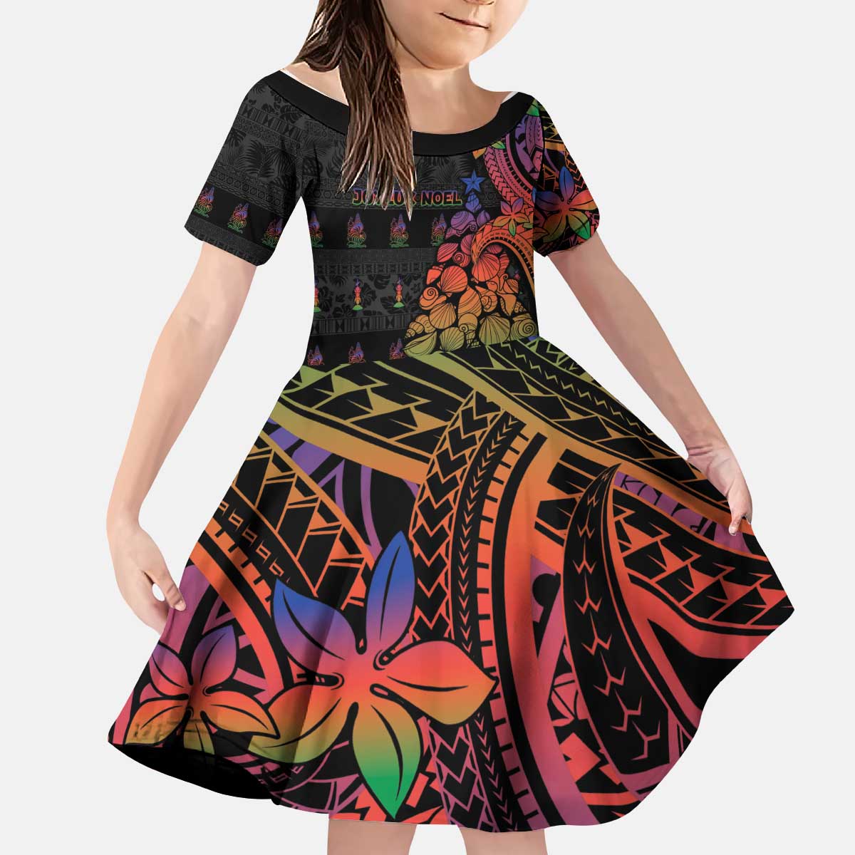 New Caledonia Christmas Kid Short Sleeve Dress Seashell Xmas Tree Tribal Waves - Polynesian Pride