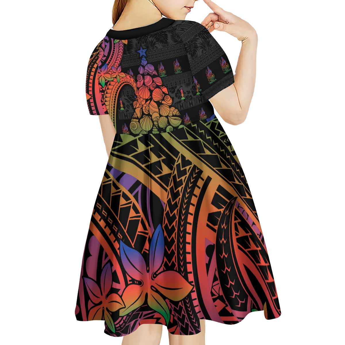 New Caledonia Christmas Kid Short Sleeve Dress Seashell Xmas Tree Tribal Waves - Polynesian Pride