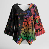 New Caledonia Christmas Kimono Sleeve Blouse Seashell Xmas Tree Tribal Waves - Polynesian Pride