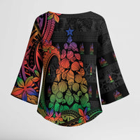 New Caledonia Christmas Kimono Sleeve Blouse Seashell Xmas Tree Tribal Waves - Polynesian Pride
