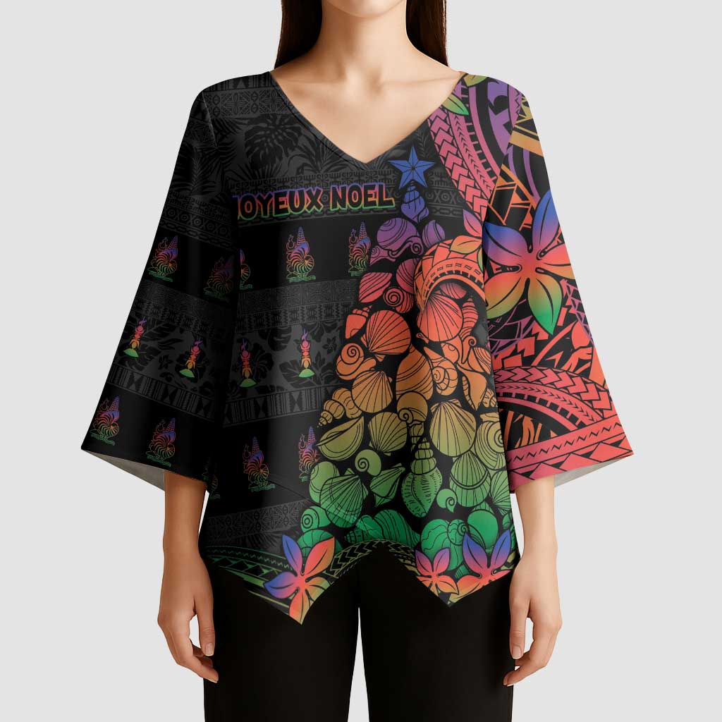 New Caledonia Christmas Kimono Sleeve Blouse Seashell Xmas Tree Tribal Waves - Polynesian Pride