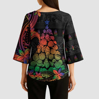 New Caledonia Christmas Kimono Sleeve Blouse Seashell Xmas Tree Tribal Waves - Polynesian Pride