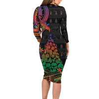New Caledonia Christmas Long Sleeve Bodycon Dress Seashell Xmas Tree Tribal Waves - Polynesian Pride