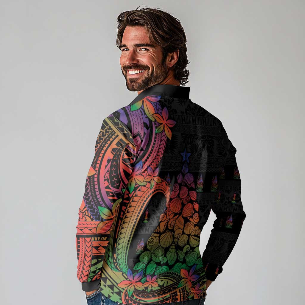 New Caledonia Christmas Long Sleeve Polo Shirt Seashell Xmas Tree Tribal Waves - Polynesian Pride
