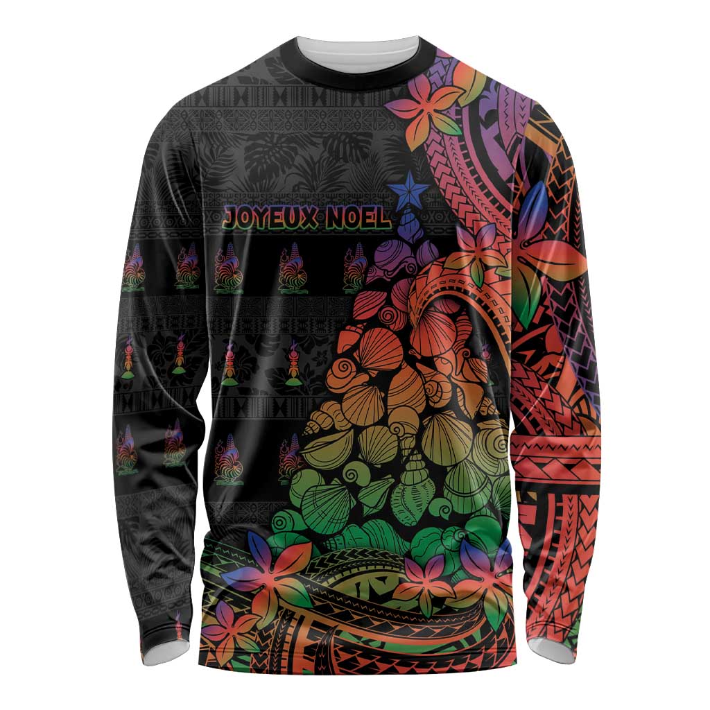New Caledonia Christmas Long Sleeve Shirt Seashell Xmas Tree Tribal Waves DT05 Unisex Black - Polynesian Pride