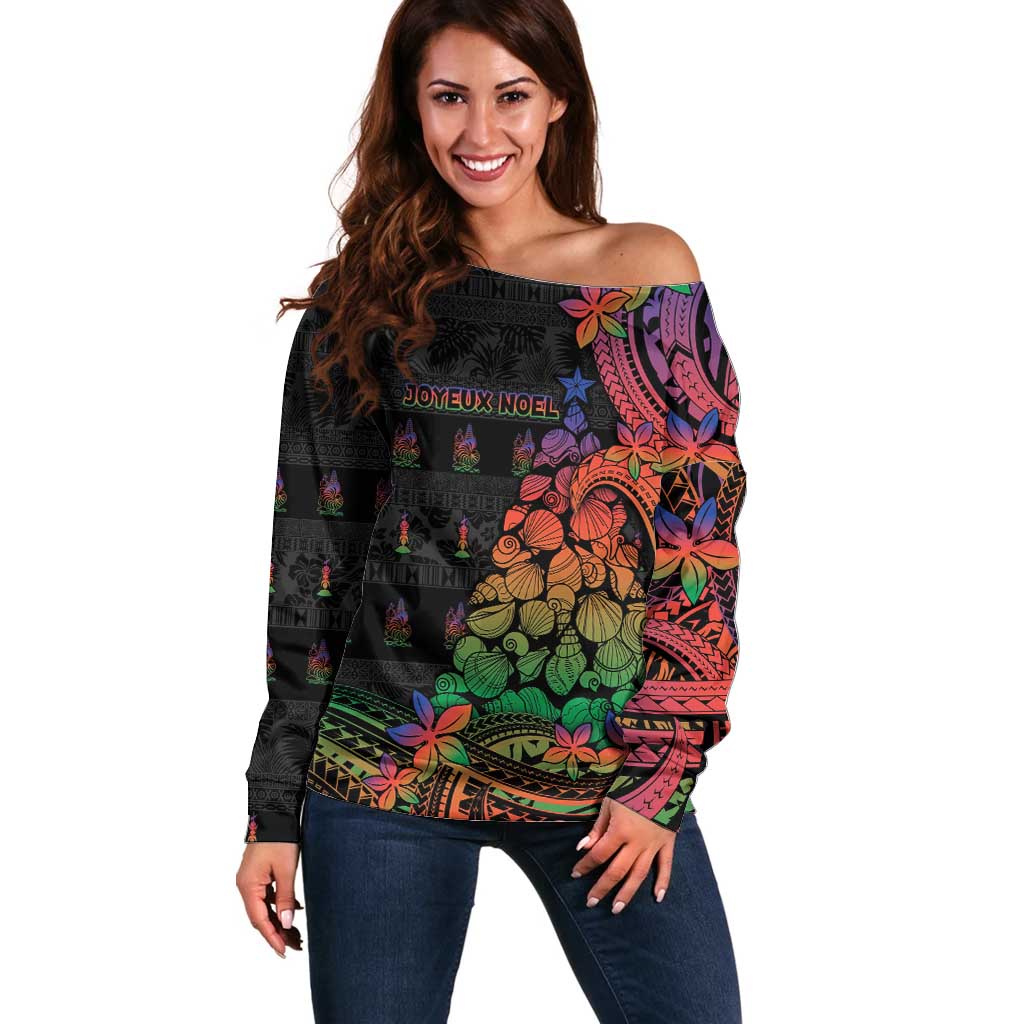 New Caledonia Christmas Off Shoulder Sweater Seashell Xmas Tree Tribal Waves DT05 Women Black - Polynesian Pride