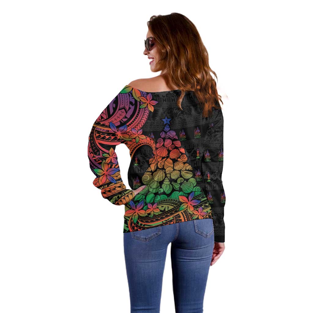 New Caledonia Christmas Off Shoulder Sweater Seashell Xmas Tree Tribal Waves DT05 - Polynesian Pride