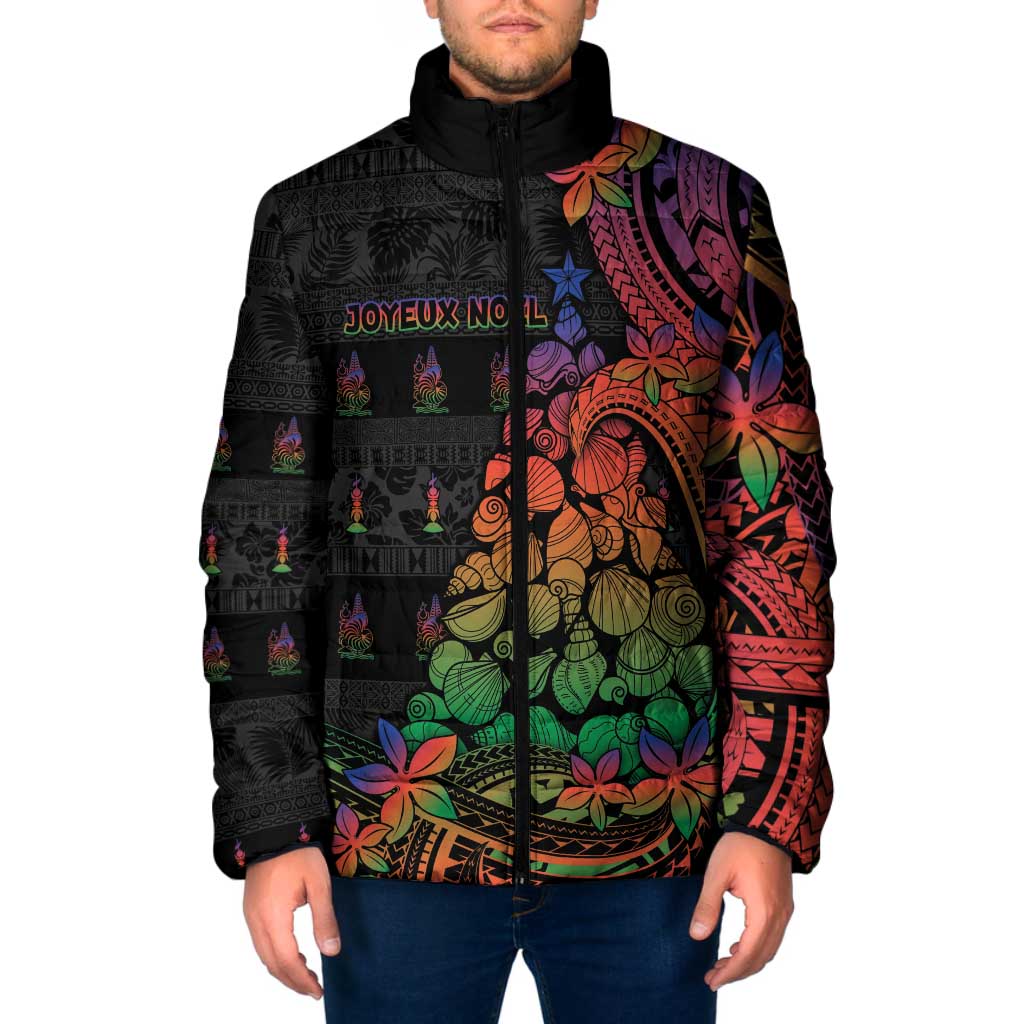 New Caledonia Christmas Padded Jacket Seashell Xmas Tree Tribal Waves DT05 Men Black - Polynesian Pride