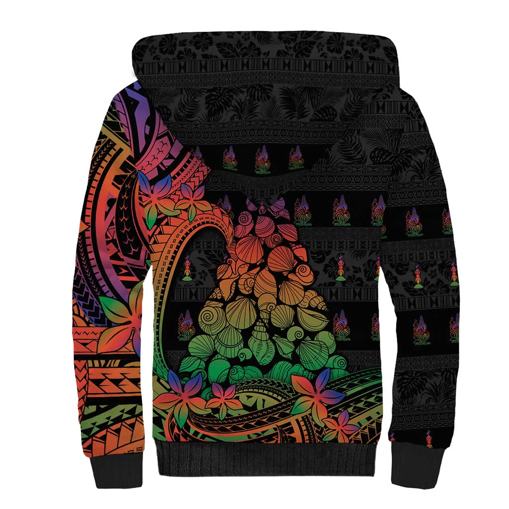 New Caledonia Christmas Sherpa Hoodie Seashell Xmas Tree Tribal Waves DT05 - Polynesian Pride