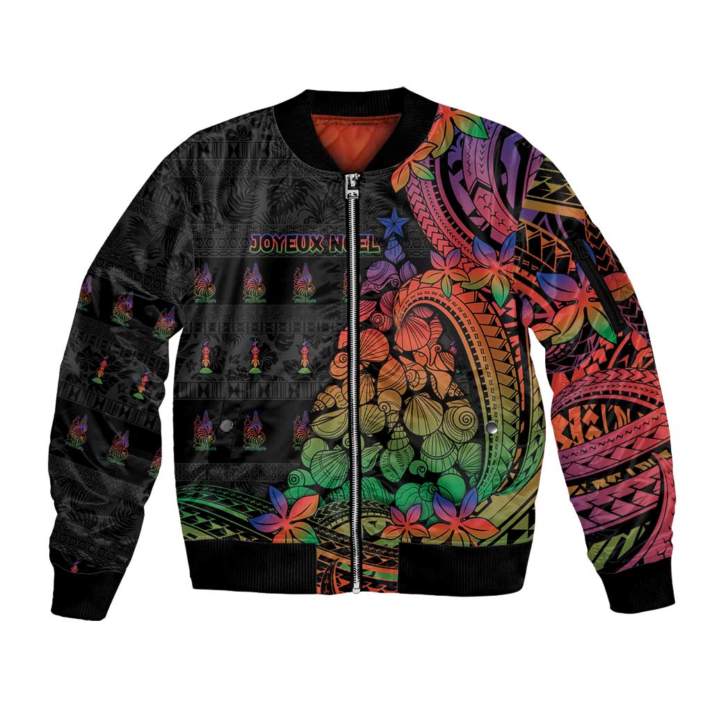 New Caledonia Christmas Sleeve Zip Bomber Jacket Seashell Xmas Tree Tribal Waves DT05 Unisex Black - Polynesian Pride