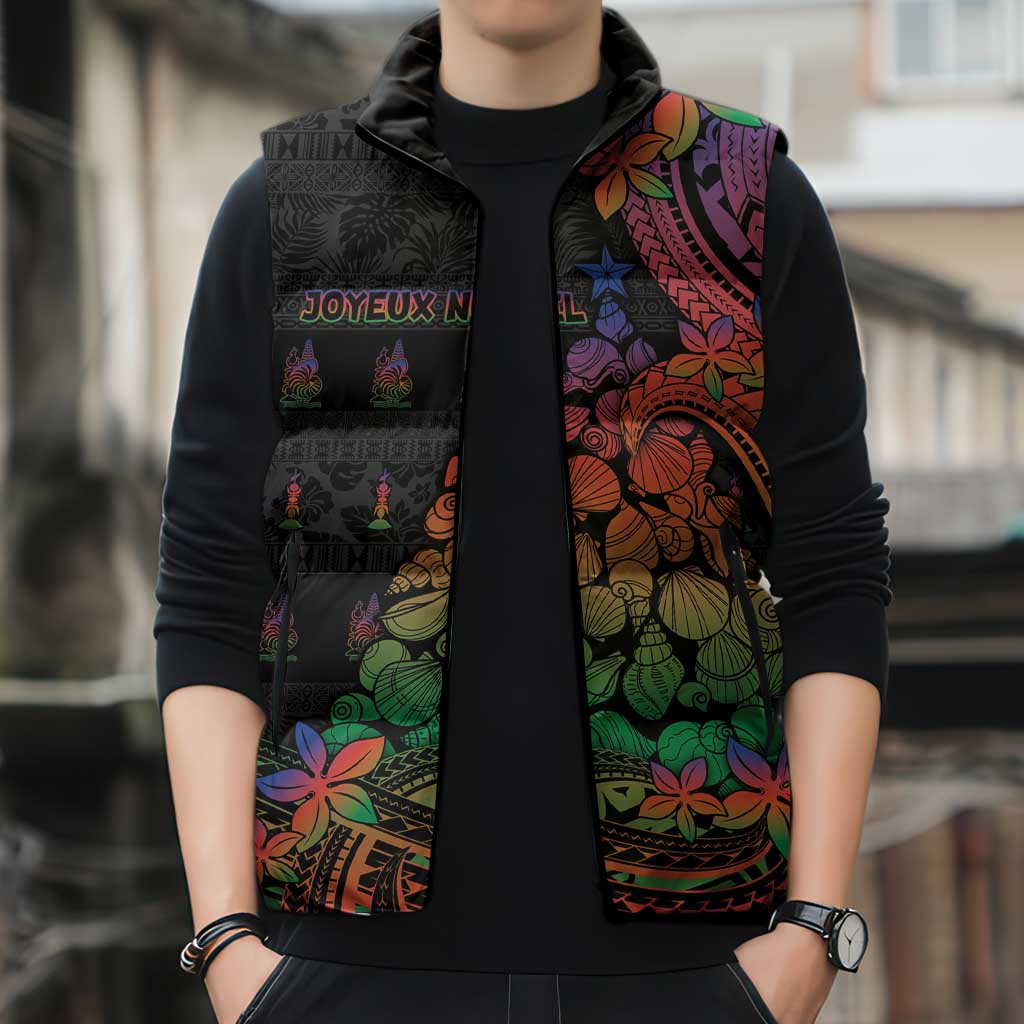 New Caledonia Christmas Sleeveless Puffer Jacket Seashell Xmas Tree Tribal Waves - Polynesian Pride