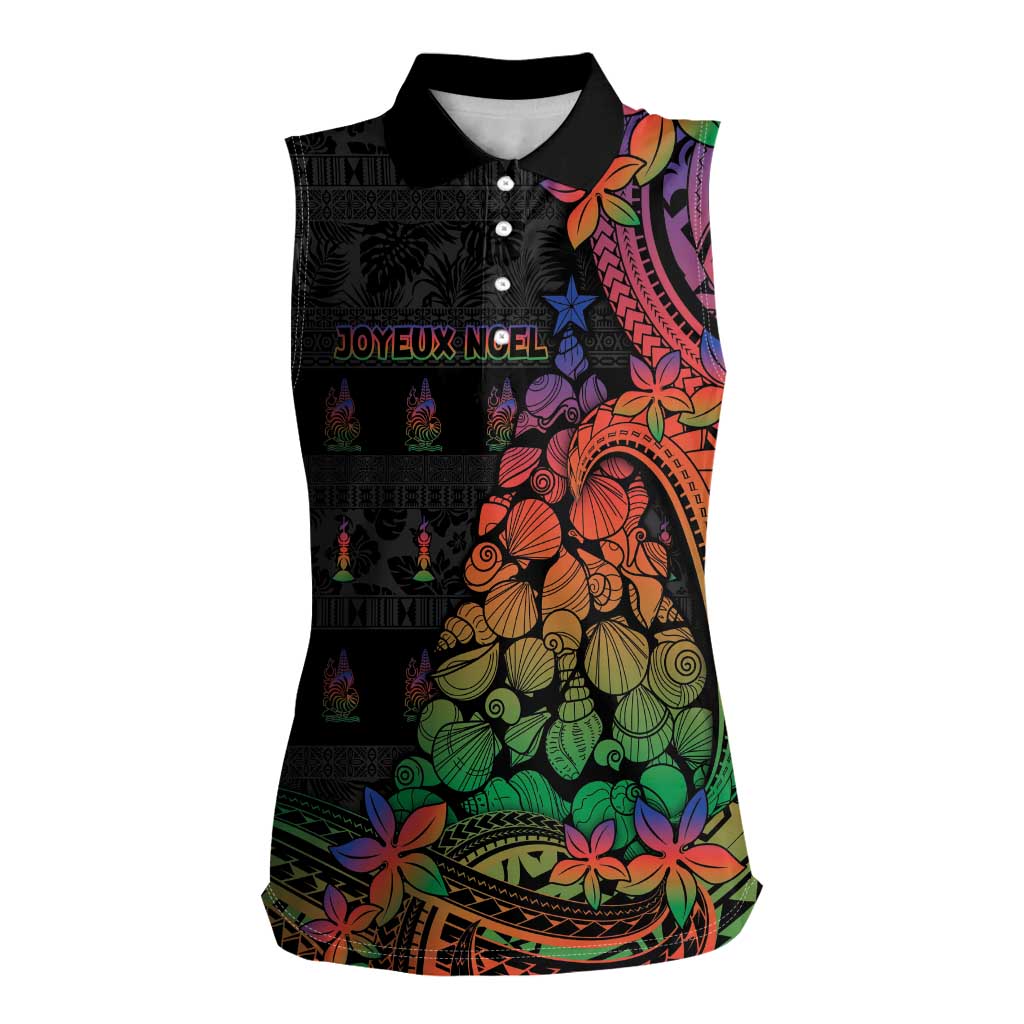 New Caledonia Christmas Women Sleeveless Polo Shirt Seashell Xmas Tree Tribal Waves DT05 Female Black - Polynesian Pride