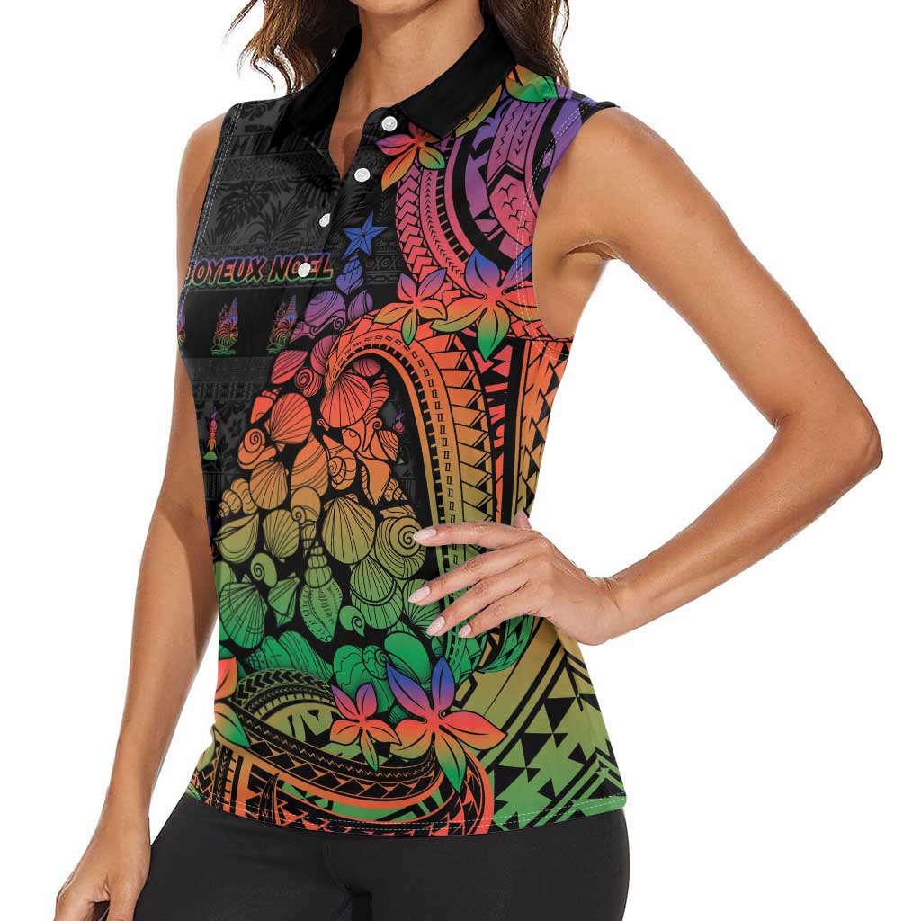 New Caledonia Christmas Women Sleeveless Polo Shirt Seashell Xmas Tree Tribal Waves DT05 - Polynesian Pride