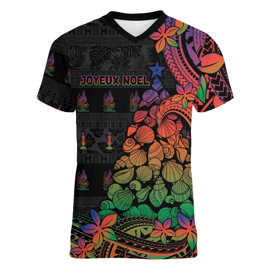 New Caledonia Christmas Women V-Neck T-Shirt Seashell Xmas Tree Tribal Waves DT05 Female Black - Polynesian Pride