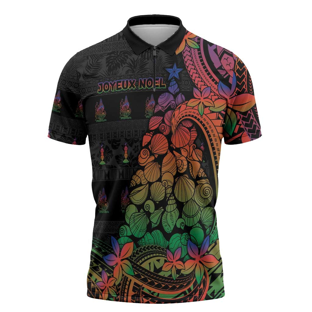 New Caledonia Christmas Zipper Polo Shirt Seashell Xmas Tree Tribal Waves DT05 Black - Polynesian Pride