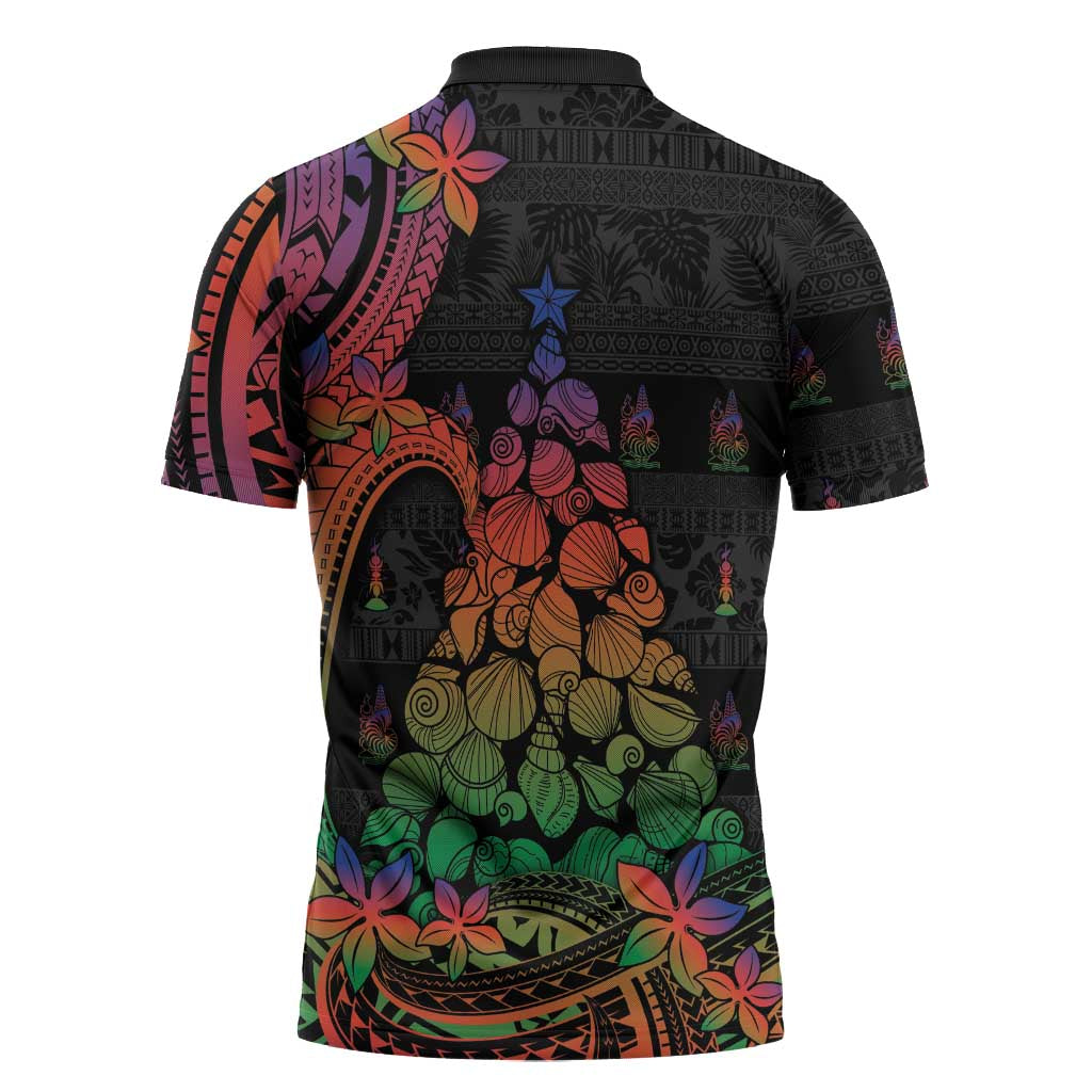 New Caledonia Christmas Zipper Polo Shirt Seashell Xmas Tree Tribal Waves - Polynesian Pride