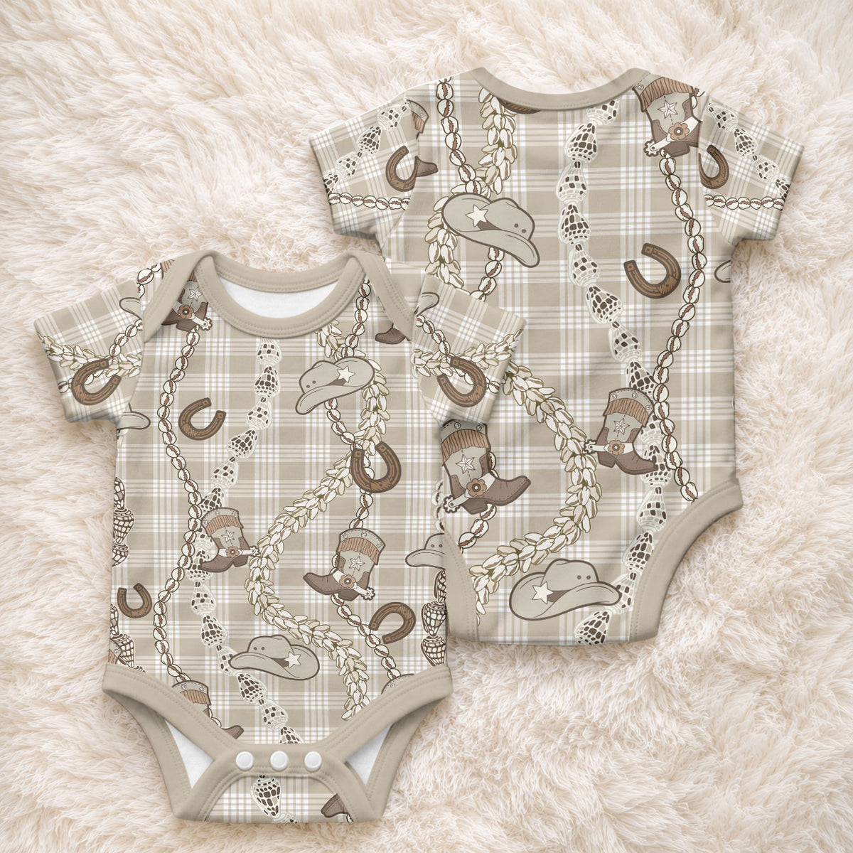Hawaii Palaka Cowboy Baby Onesie Shell Maile Lei With Western Patterns