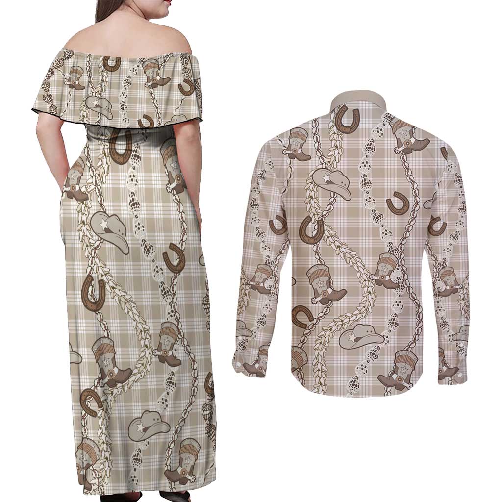 Hawaii Palaka Cowboy Couples Matching Off Shoulder Maxi Dress and Long Sleeve Button Shirt Shell Maile Lei With Western Patterns - Polynesian Pride