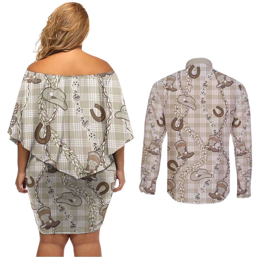 Hawaii Palaka Cowboy Couples Matching Off Shoulder Short Dress and Long Sleeve Button Shirt Shell Maile Lei With Western Patterns - Polynesian Pride