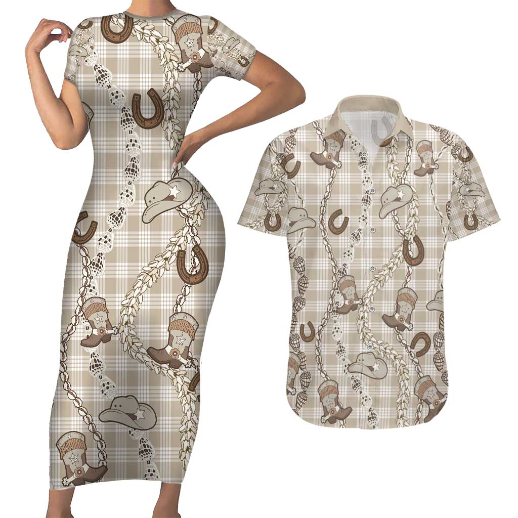 Hawaii Palaka Cowboy Couples Matching Short Sleeve Bodycon Dress and Hawaiian Shirt Shell Maile Lei With Western Patterns - Polynesian Pride