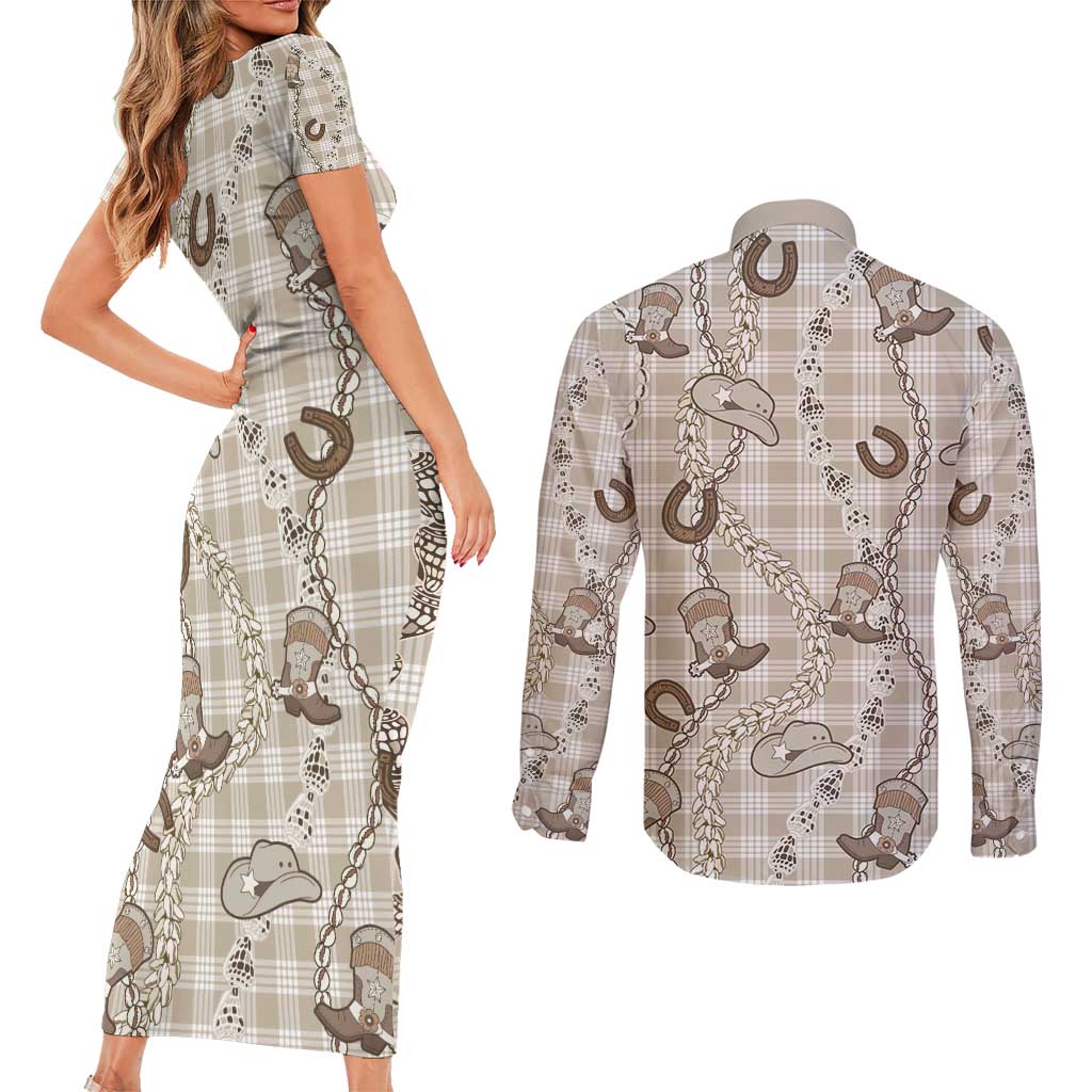 Hawaii Palaka Cowboy Couples Matching Short Sleeve Bodycon Dress and Long Sleeve Button Shirt Shell Maile Lei With Western Patterns - Polynesian Pride