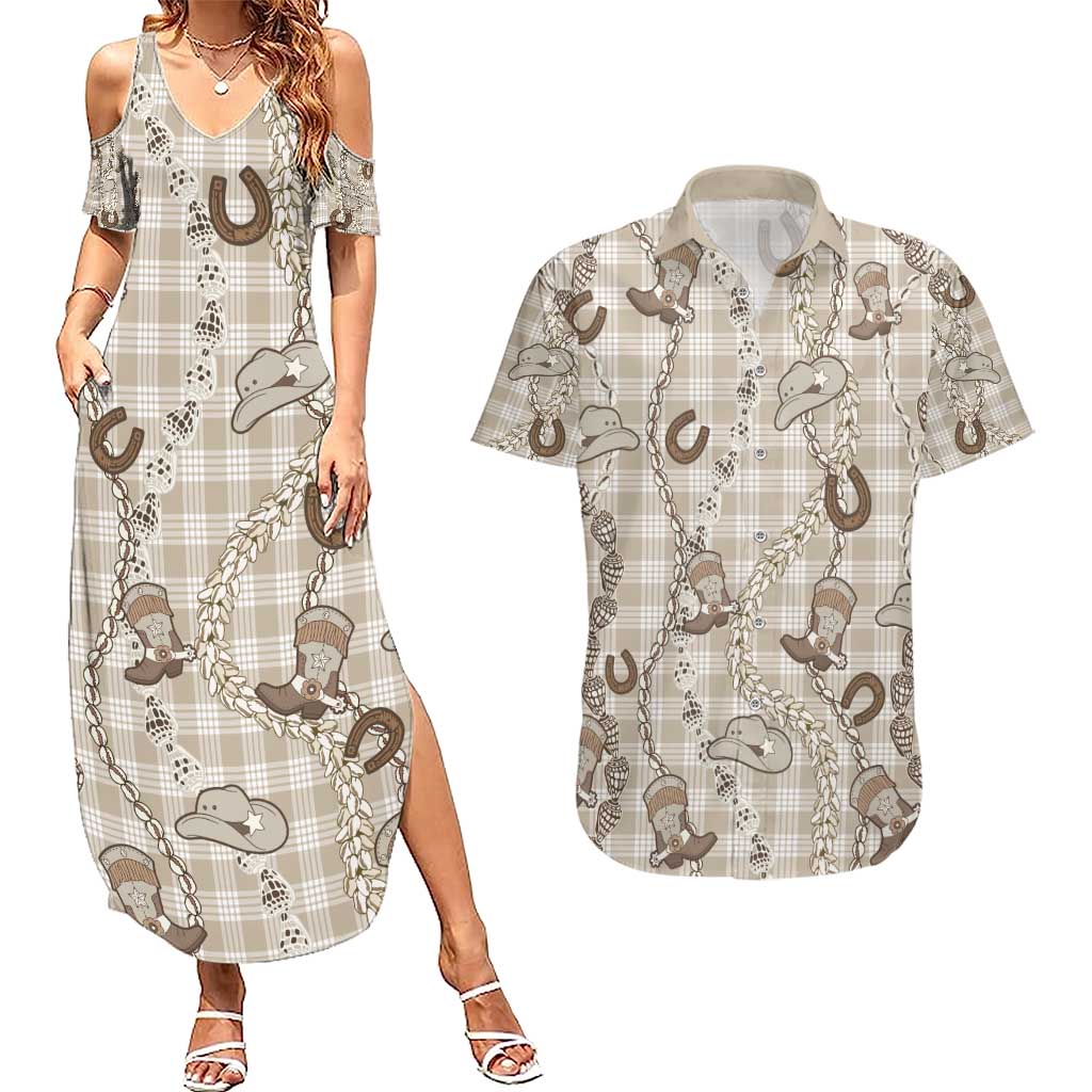 Hawaii Palaka Cowboy Couples Matching Summer Maxi Dress and Hawaiian Shirt Shell Maile Lei With Western Patterns - Polynesian Pride