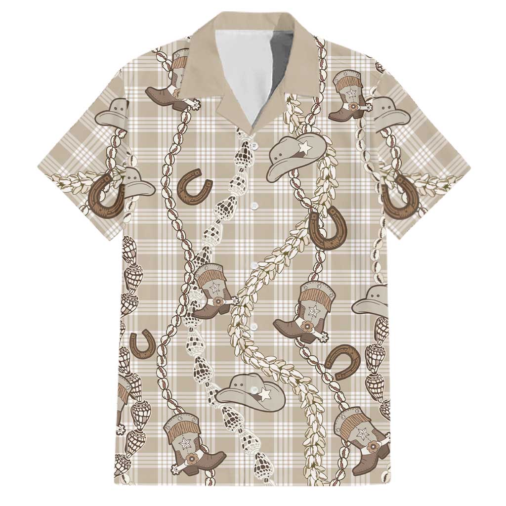 Hawaii Palaka Cowboy Family Matching Puletasi and Hawaiian Shirt Shell Maile Lei With Western Patterns DT05 Dad's Shirt - Short Sleeve Beige - Polynesian Pride