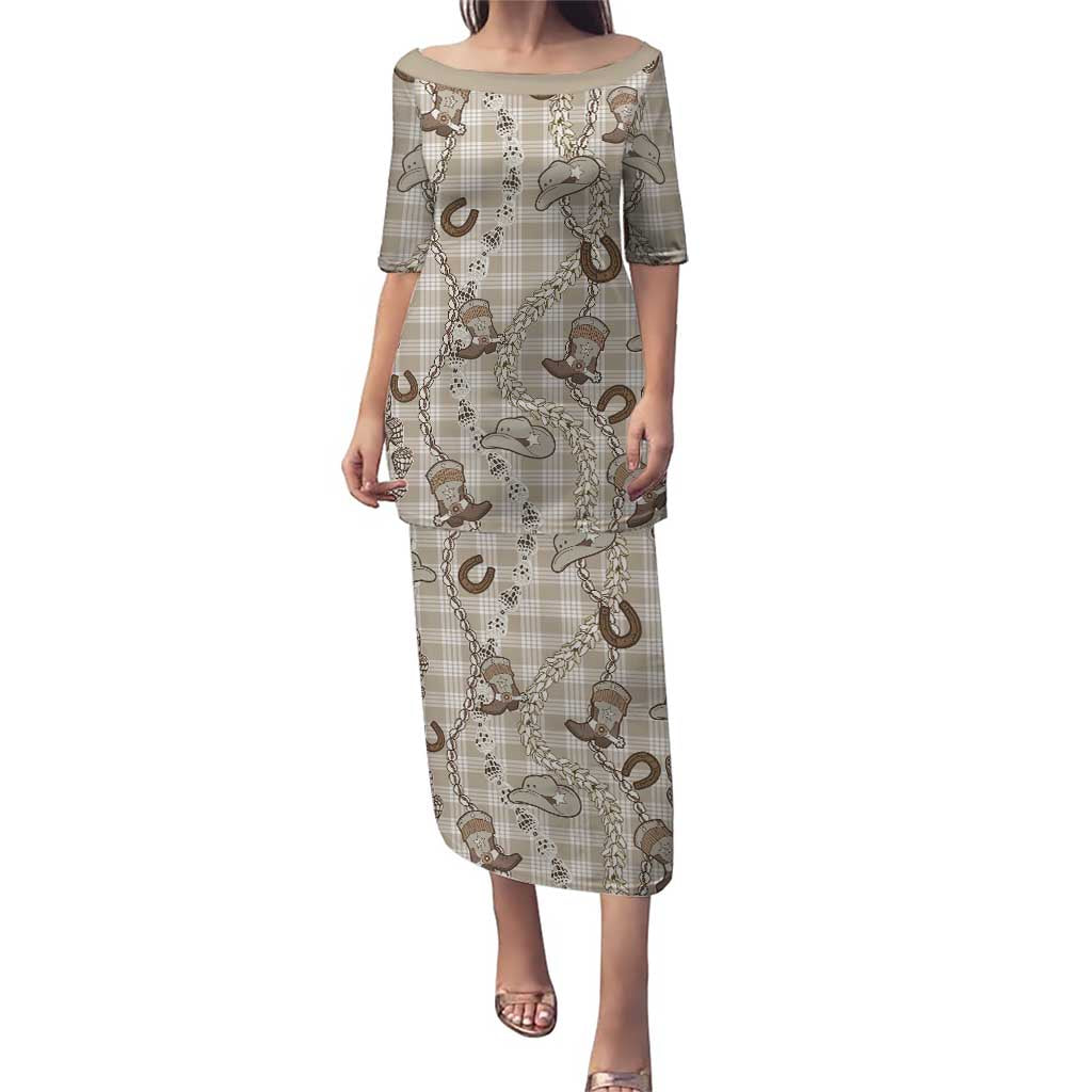 Hawaii Palaka Cowboy Family Matching Puletasi and Hawaiian Shirt Shell Maile Lei With Western Patterns DT05 Mom's Dress Beige - Polynesian Pride