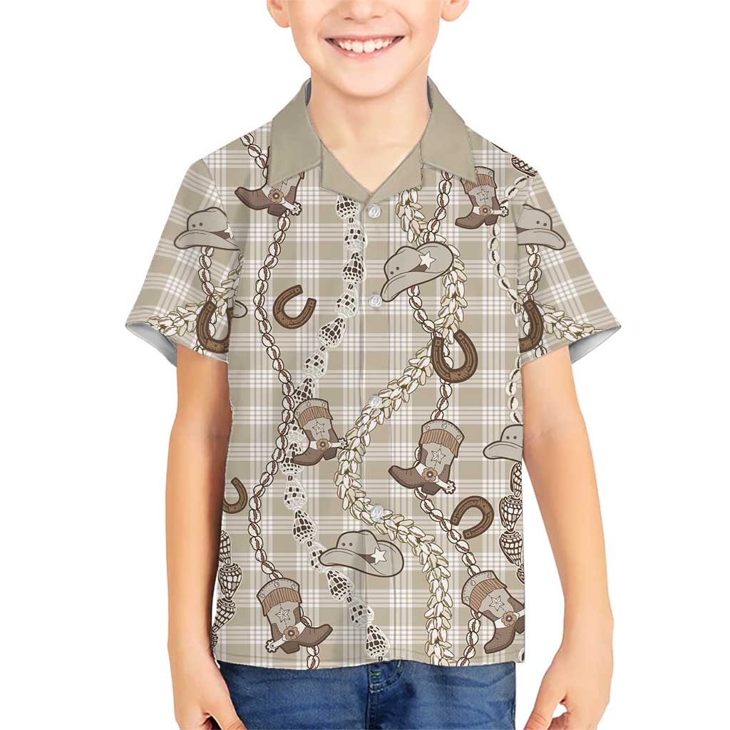 Hawaii Palaka Cowboy Family Matching Puletasi and Hawaiian Shirt Shell Maile Lei With Western Patterns DT05 Son's Shirt Beige - Polynesian Pride