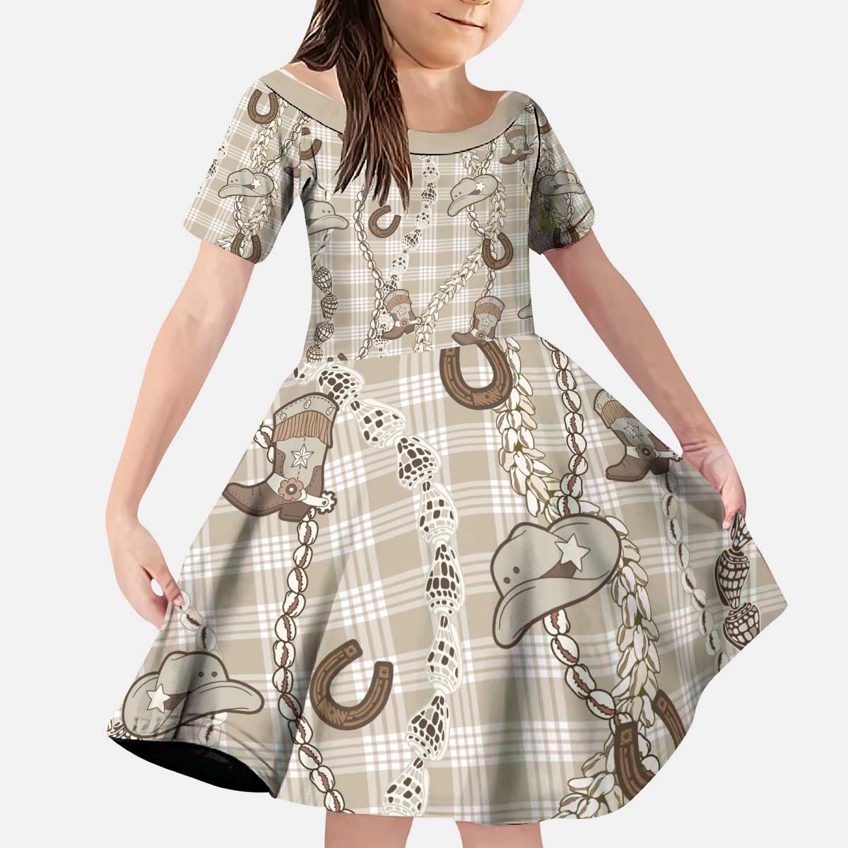Hawaii Palaka Cowboy Kid Short Sleeve Dress Shell Maile Lei With Western Patterns - Polynesian Pride