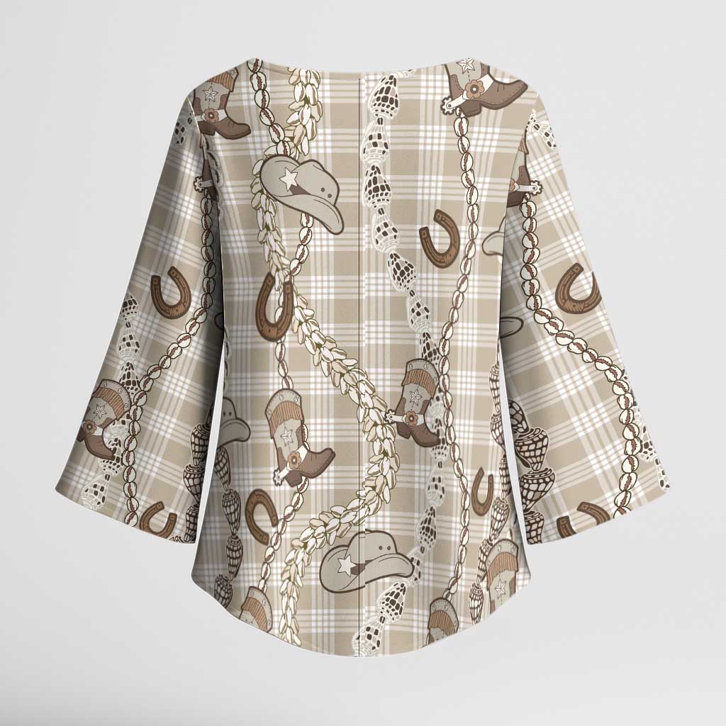 Hawaii Palaka Cowboy Kimono Sleeve Blouse Shell Maile Lei With Western Patterns - Polynesian Pride