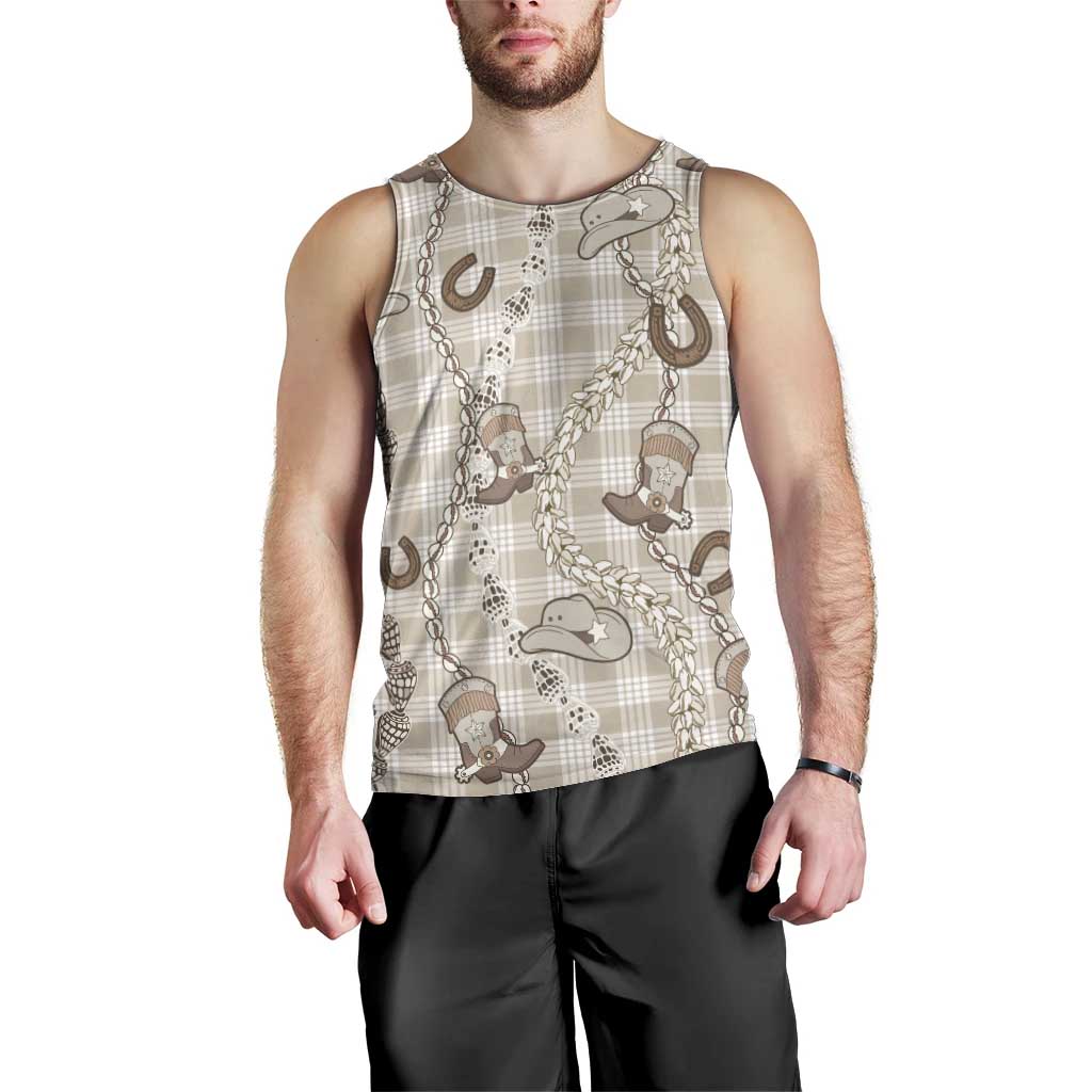 Hawaii Palaka Cowboy Men Tank Top Shell Maile Lei With Western Patterns - Polynesian Pride