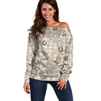 Hawaii Palaka Cowboy Off Shoulder Sweater Shell Maile Lei With Western Patterns - Polynesian Pride