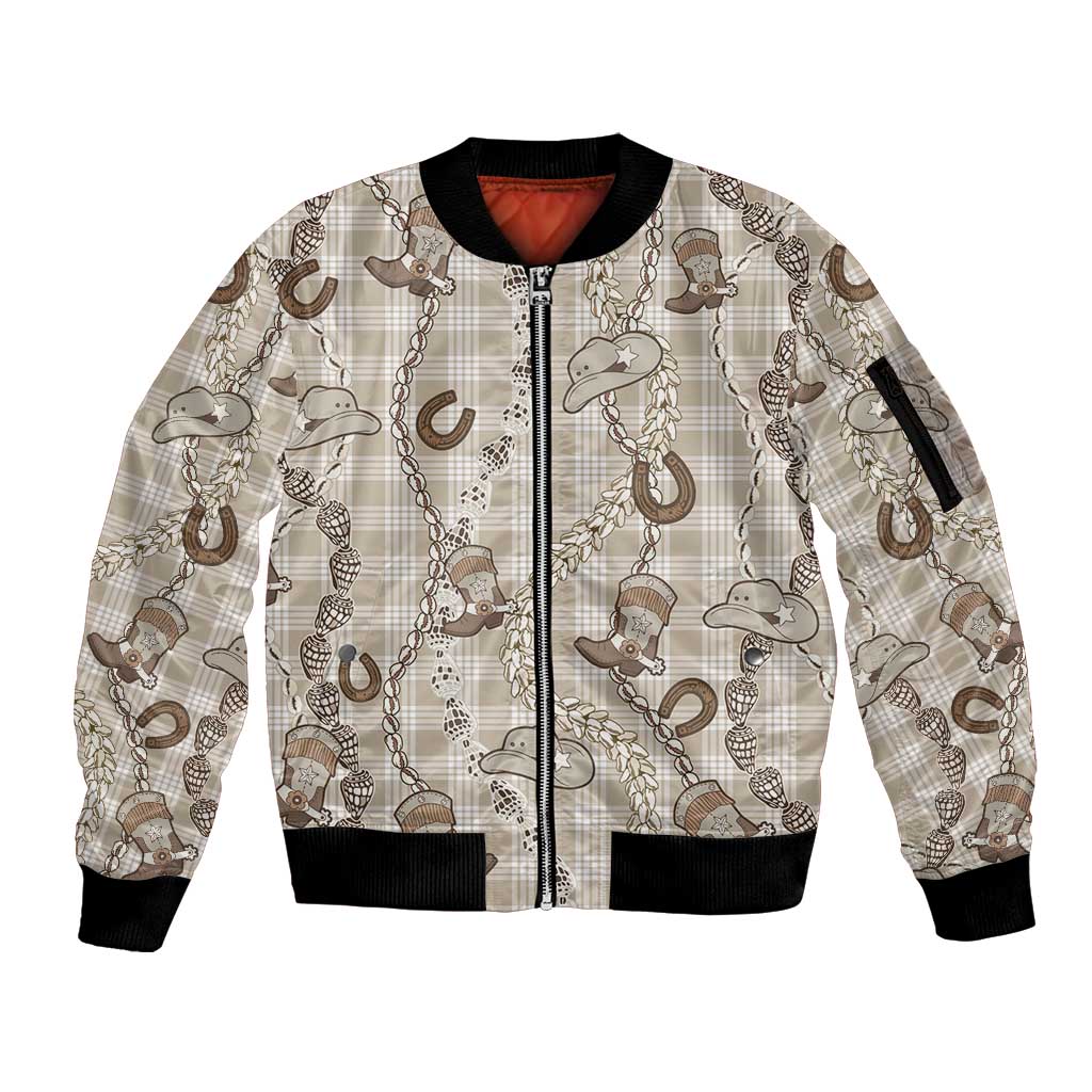 Hawaii Palaka Cowboy Sleeve Zip Bomber Jacket Shell Maile Lei With Western Patterns - Polynesian Pride