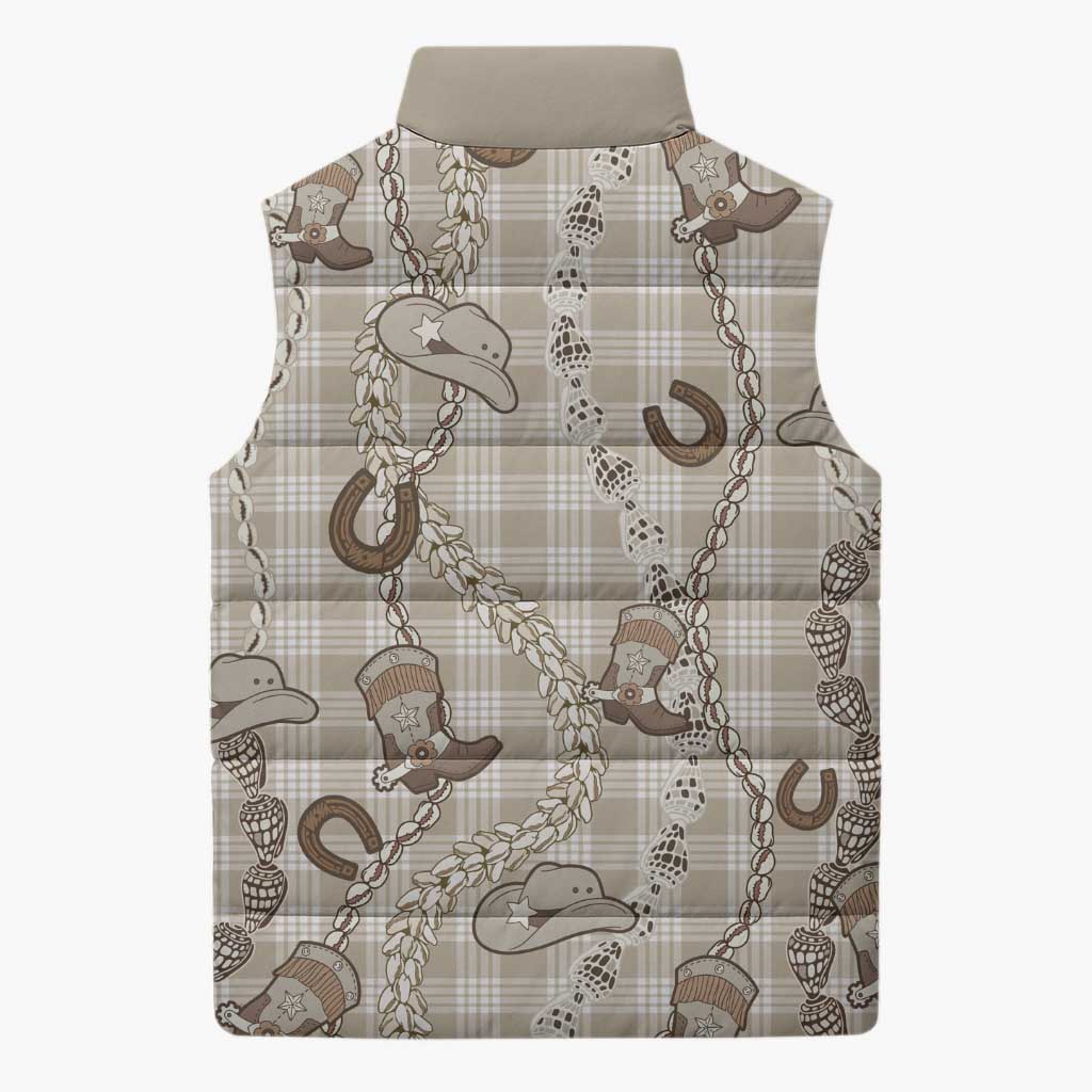 Hawaii Palaka Cowboy Sleeveless Puffer Jacket Shell Maile Lei With Western Patterns - Polynesian Pride