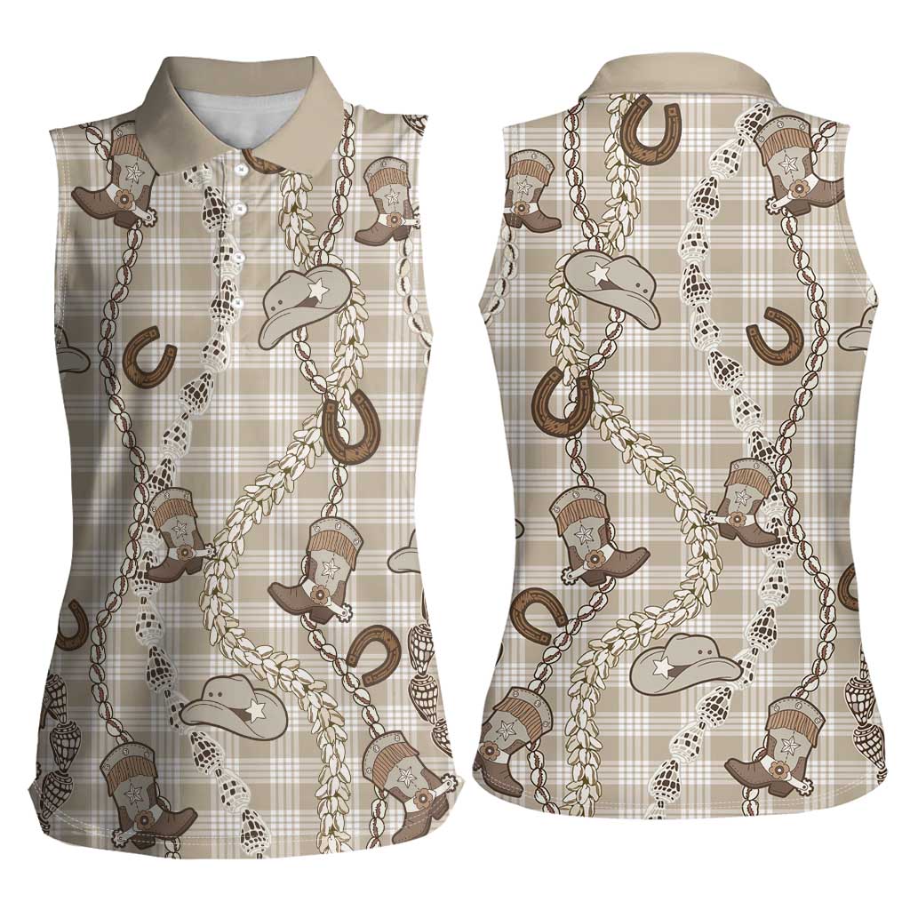 Hawaii Palaka Cowboy Women Sleeveless Polo Shirt Shell Maile Lei With Western Patterns - Polynesian Pride