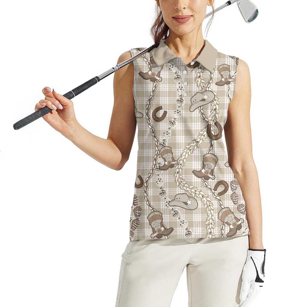 Hawaii Palaka Cowboy Women Sleeveless Polo Shirt Shell Maile Lei With Western Patterns - Polynesian Pride