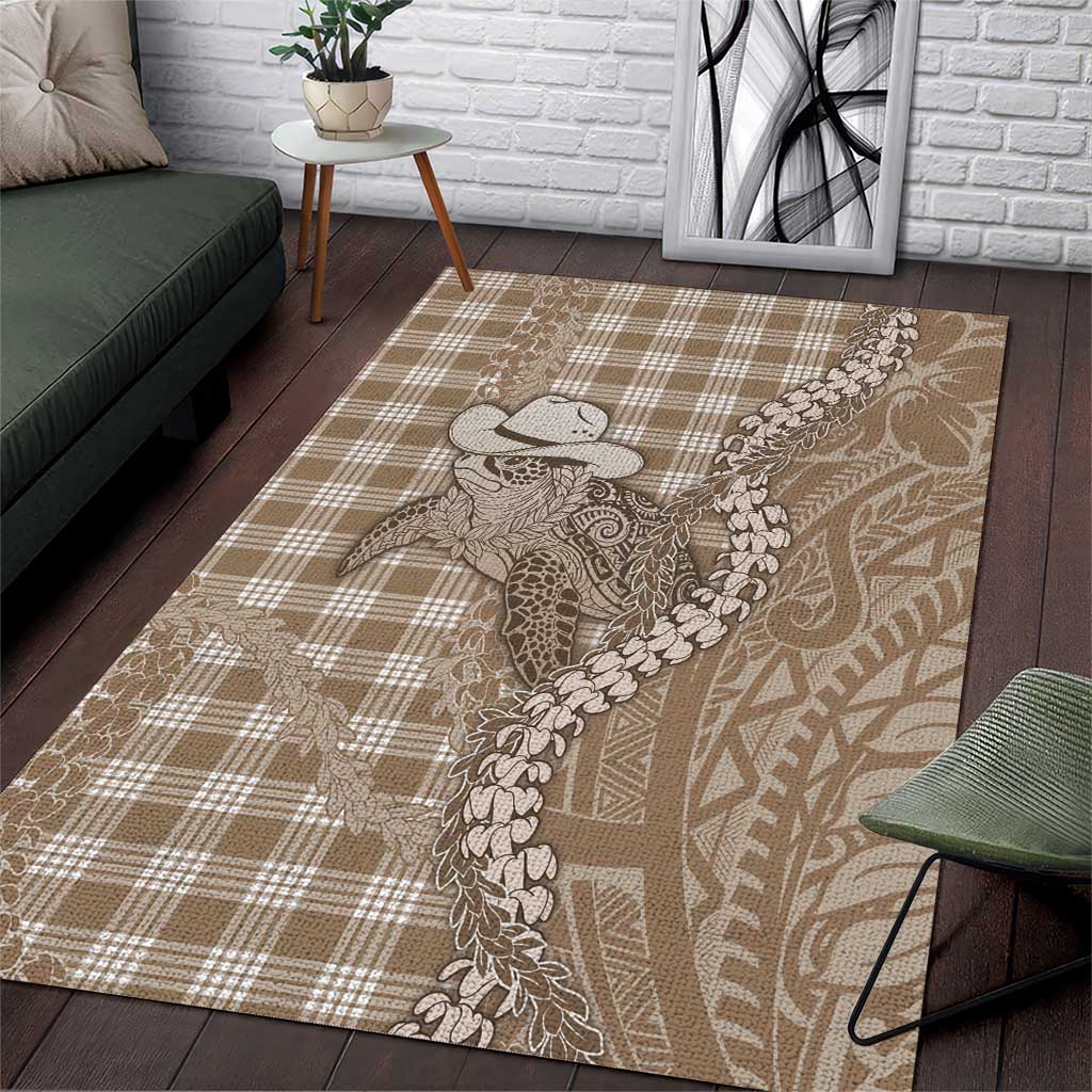 Beige Hawaii Palaka Cowboy Turtle Area Rug Hawaiian Paniolo Puakenikeni Maile Lei - Polynesian Pride