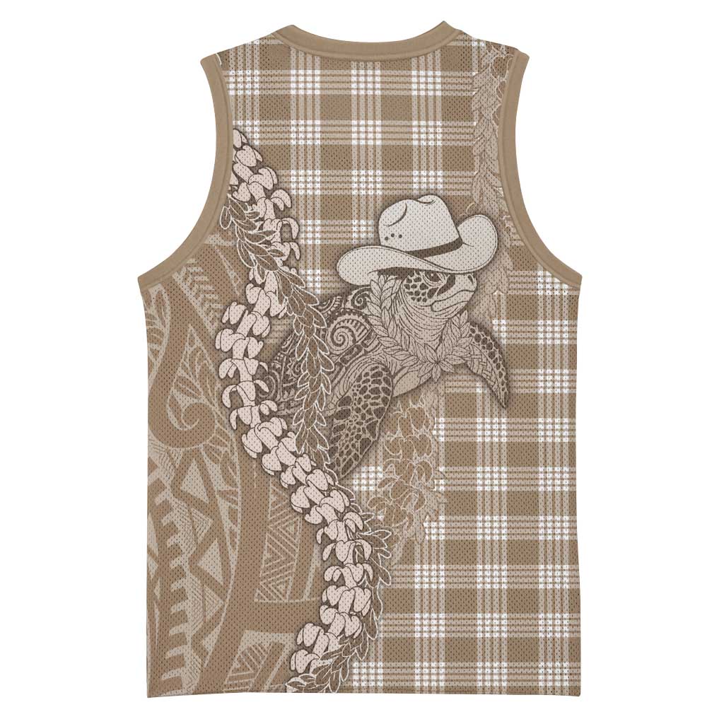 Beige Hawaii Palaka Cowboy Turtle Basketball Jersey Hawaiian Paniolo Puakenikeni Maile Lei - Polynesian Pride