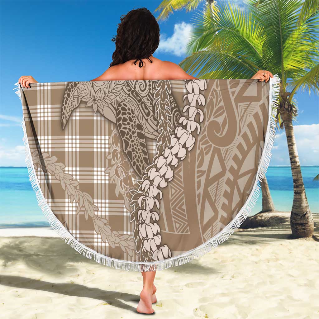 Beige Hawaii Palaka Cowboy Turtle Beach Blanket Hawaiian Paniolo Puakenikeni Maile Lei - Polynesian Pride