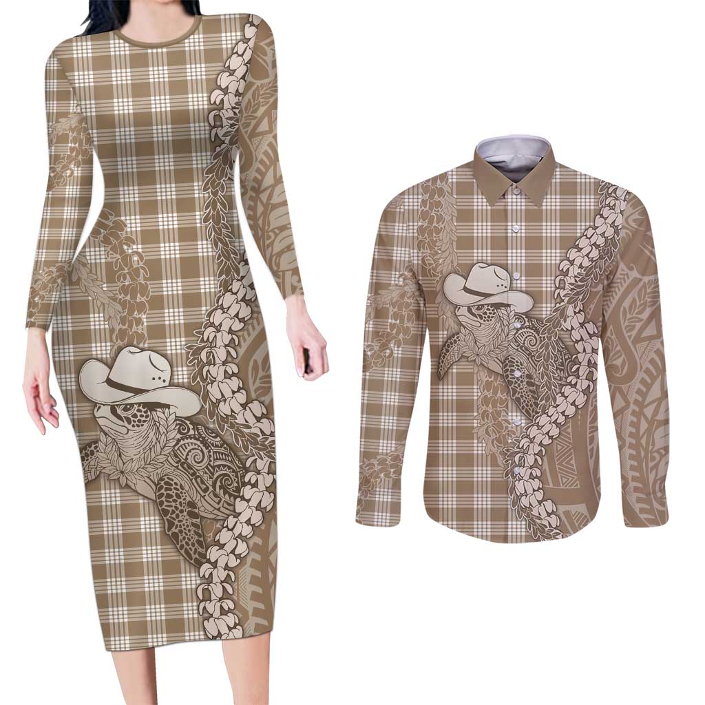 Beige Hawaii Palaka Cowboy Turtle Couples Matching Long Sleeve Bodycon Dress and Long Sleeve Button Shirt Hawaiian Paniolo Puakenikeni Maile Lei - Polynesian Pride