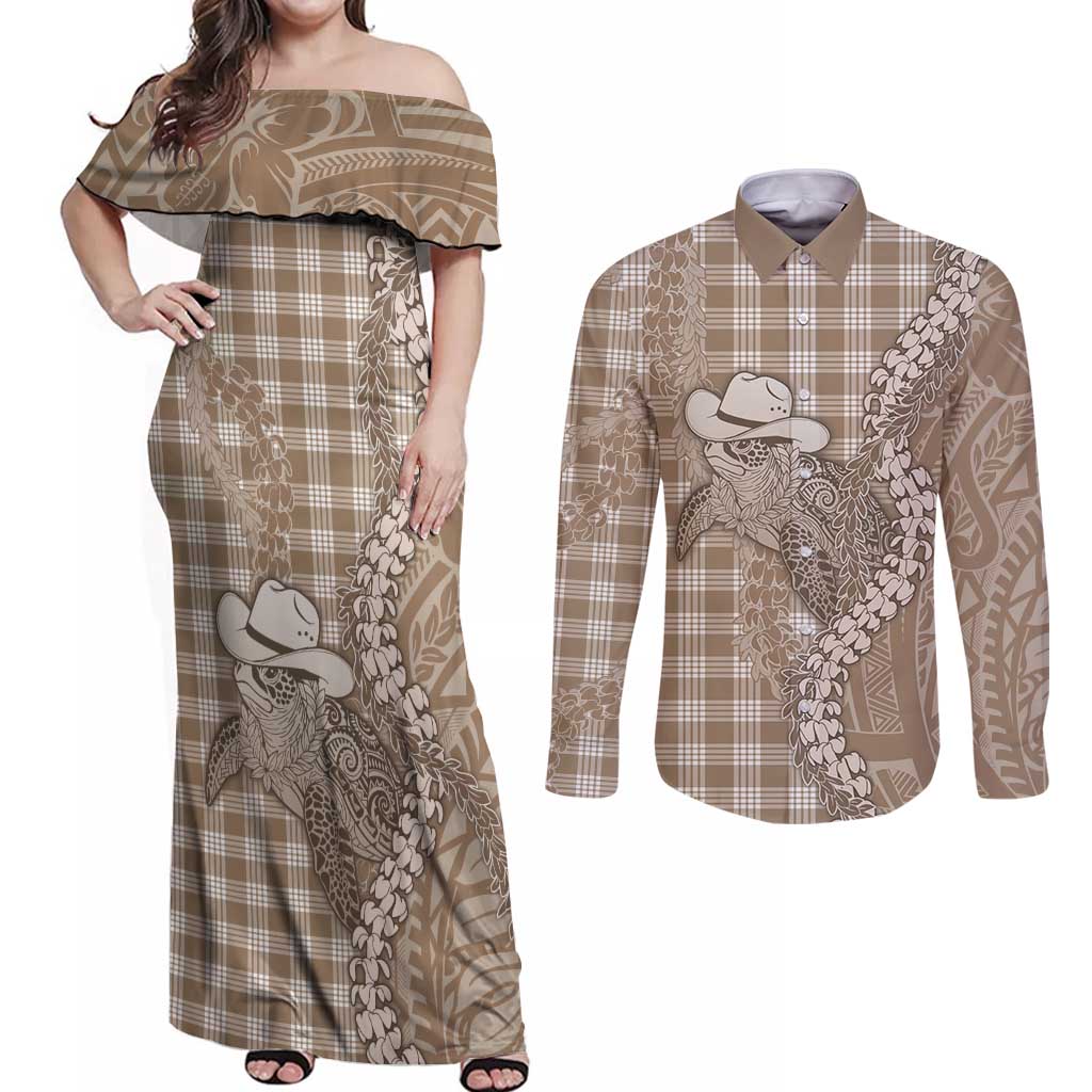 Beige Hawaii Palaka Cowboy Turtle Couples Matching Off Shoulder Maxi Dress and Long Sleeve Button Shirt Hawaiian Paniolo Puakenikeni Maile Lei - Polynesian Pride