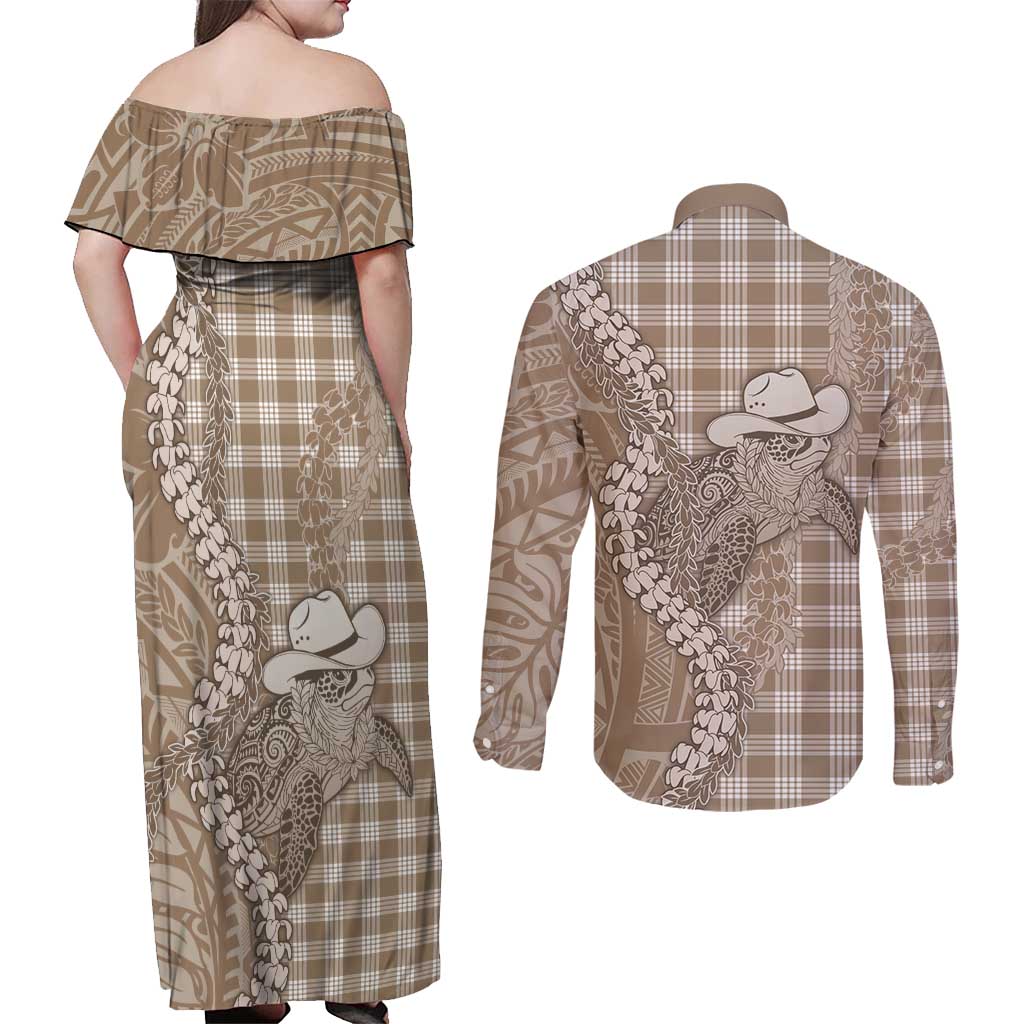 Beige Hawaii Palaka Cowboy Turtle Couples Matching Off Shoulder Maxi Dress and Long Sleeve Button Shirt Hawaiian Paniolo Puakenikeni Maile Lei - Polynesian Pride