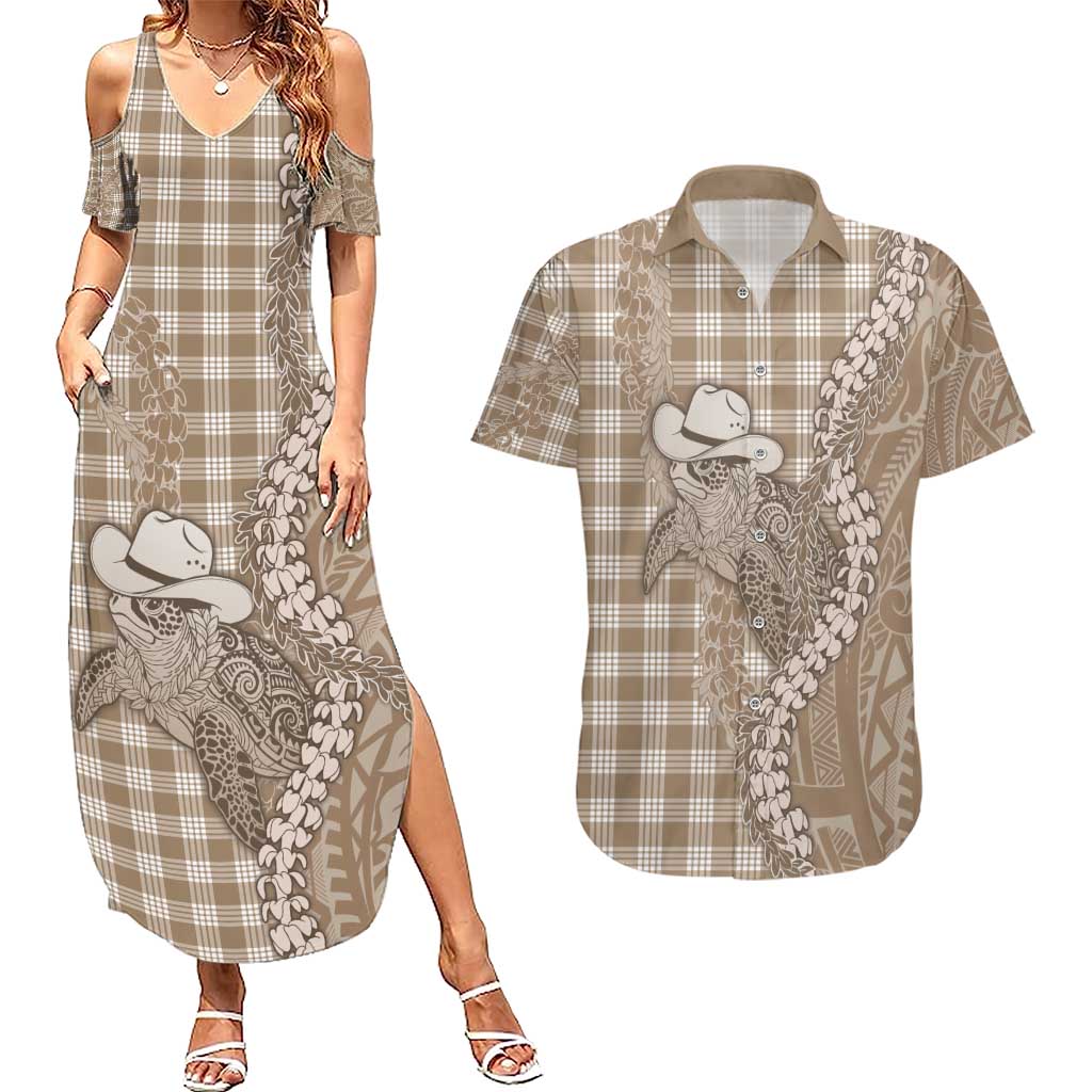 Beige Hawaii Palaka Cowboy Turtle Couples Matching Summer Maxi Dress and Hawaiian Shirt Hawaiian Paniolo Puakenikeni Maile Lei - Polynesian Pride