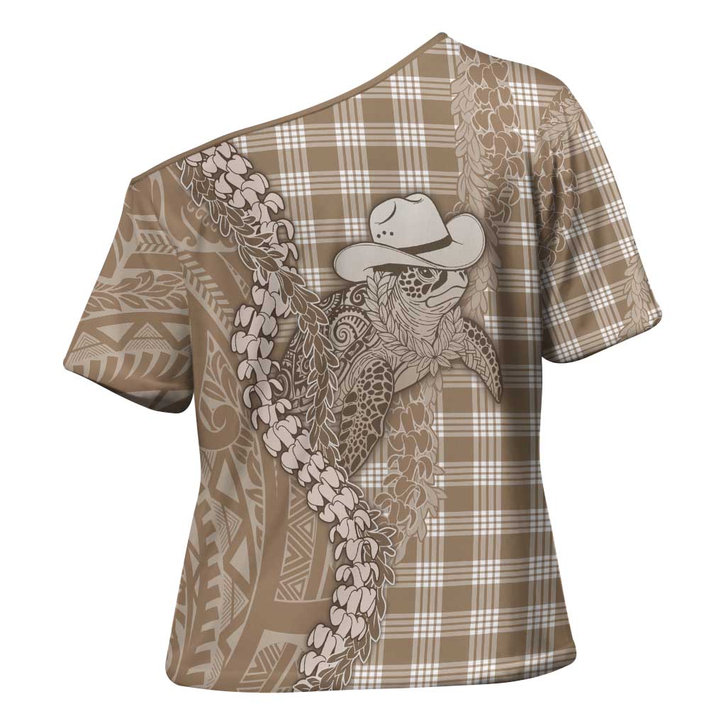 Beige Hawaii Palaka Cowboy Turtle Cross Shoulder Shirt Hawaiian Paniolo Puakenikeni Maile Lei - Polynesian Pride